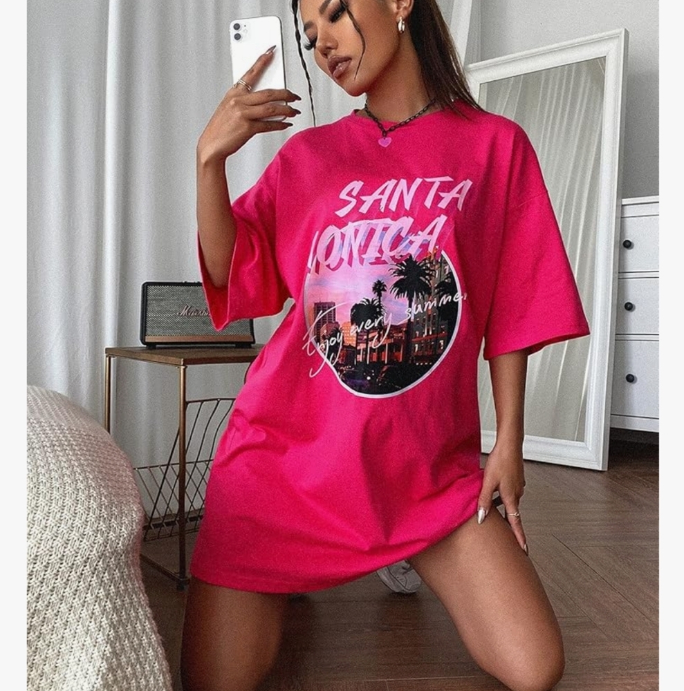 Short Sleeve Pink Graphic T-shirt Dress